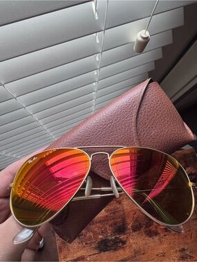 Ray-Ban Gold Frame Aviator Sunglasses with Red and Orange Mirrored Lenses